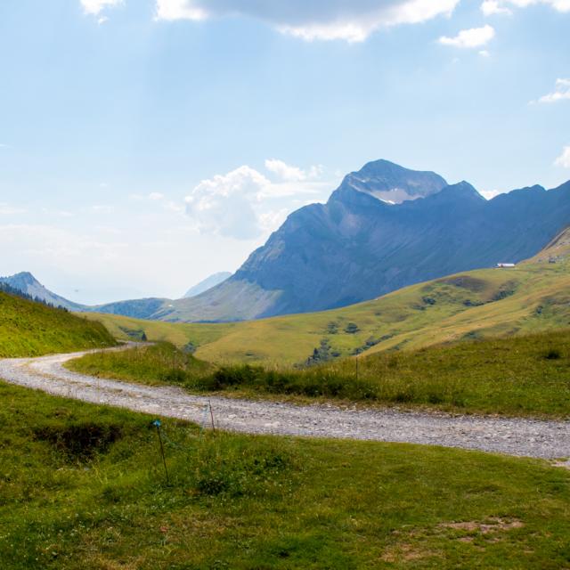 La route des Montagnes, face au Mont-Charvin dans le Val d'Arly